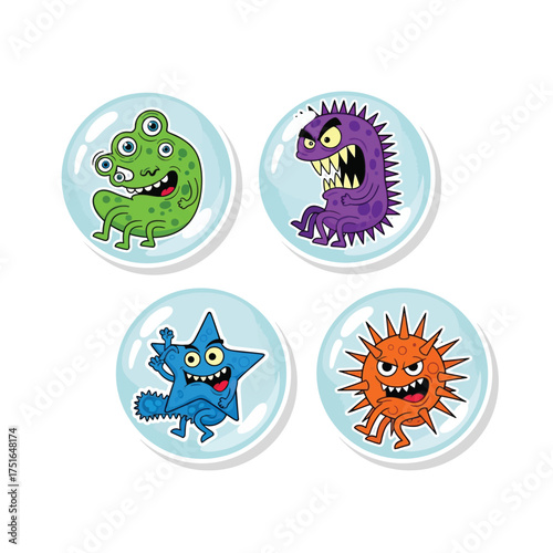 Four cartoon monster stickers in circular bubbles: a green multi-eyed creature, a purple spiky monster, a blue star character, and an orange spiky ball.