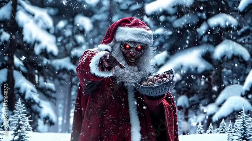 A man dressed as a zombie holding a bag of candy in the snow