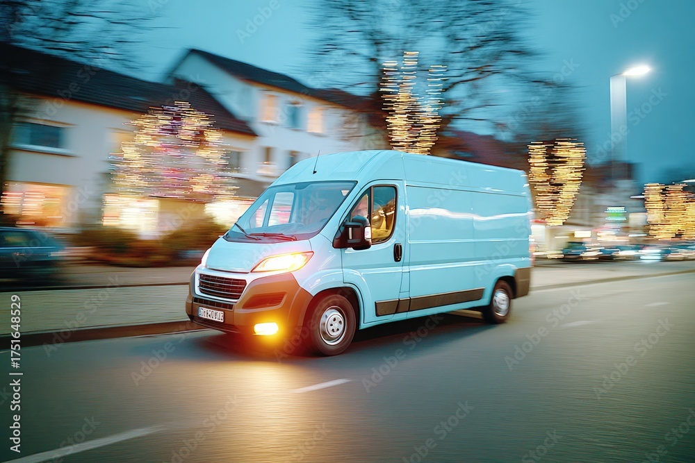 Fototapeta premium Driving through illuminated streets, van showcases motion and urban ambiance
