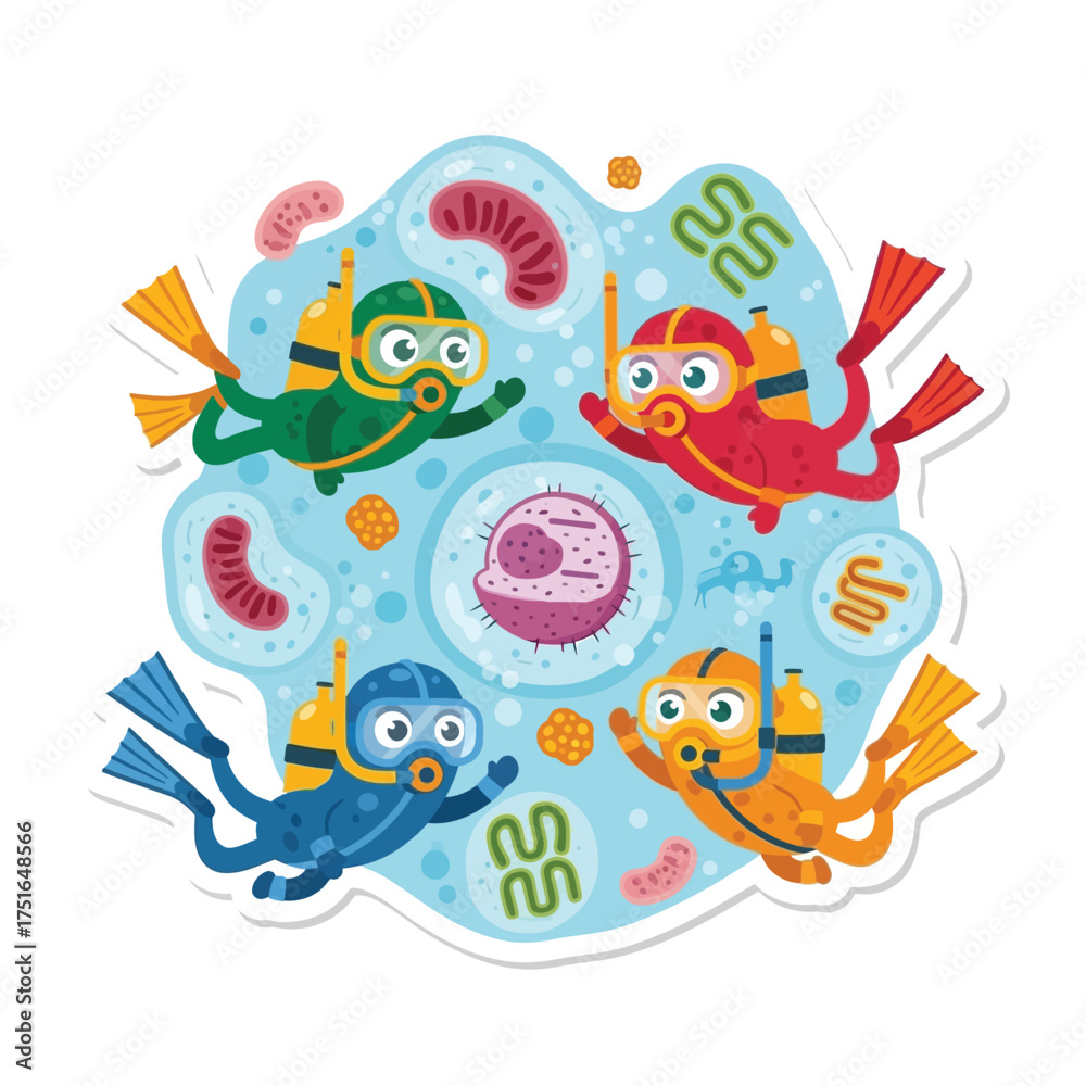 Fototapeta premium Cartoon divers explore a microscopic world, encountering cell structures and organisms.