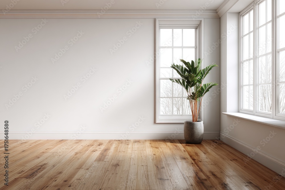 Fototapeta premium Empty room with a plant and a large window