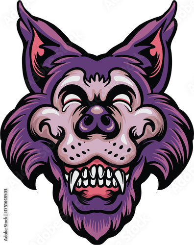 Sinister Smile: A vibrant illustration showcases a cartoonish wolf with an evil grin, revealing sharp teeth, evoking a blend of mischief and danger.