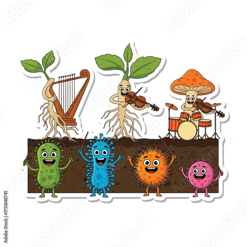 Cartoon microbes and fungi play musical instruments in the soil, including a harp, violin, and drums, conducted by other microbes.