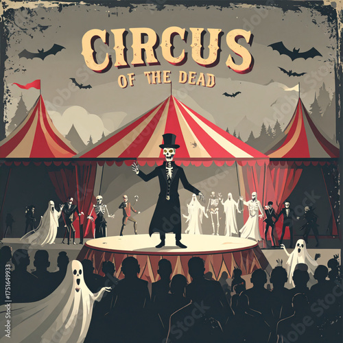 Spooky circus poster featuring a skeleton ringmaster, ghosts, and a crowd enjoying the macabre show.