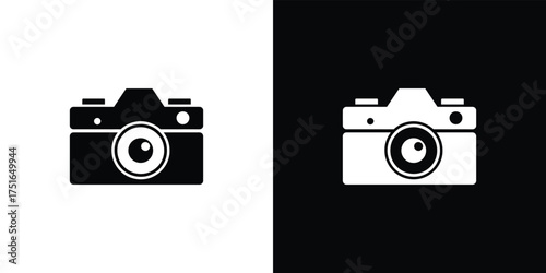 Black and White Camera Icon with Lens, Shutter, and Viewfinder Design