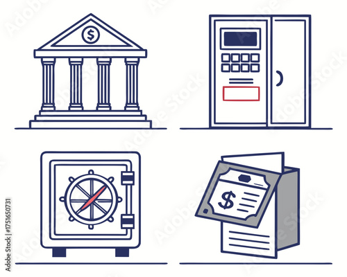 Banking and finance concept with bank building and safe