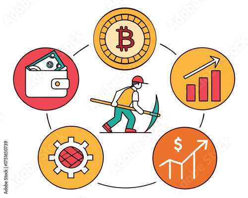 Bitcoin mining concept with miner and cryptocurrency symbols