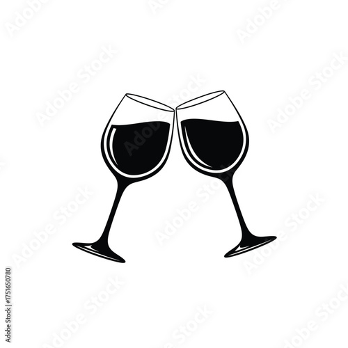 Two black wine glasses clinking filled with red liquid