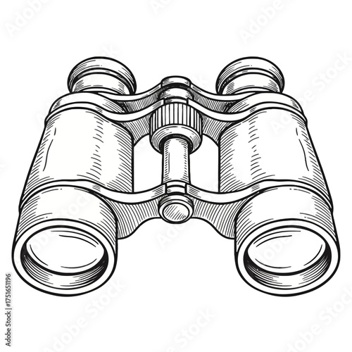 Old binoculars illustration, hand-drawn vector sketch of vintage optical device for observation and travel
