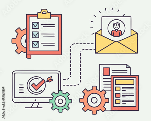 Workflow automation process with checklist, email, computer, and gears