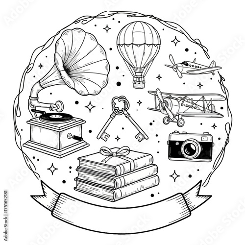 Retro Hobby Items Circular Emblem: Engraving of Gramophone, Biplanes, Camera, and Hot Air Balloon Vector, a Vintage collectibles vector