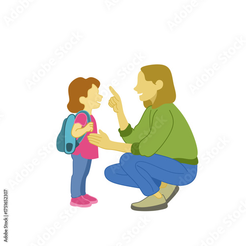 Flat vector illustration of a father helping his daughter prepare for school. Suitable for parenting blogs, family concept designs, education posters, or children’s lifestyle content