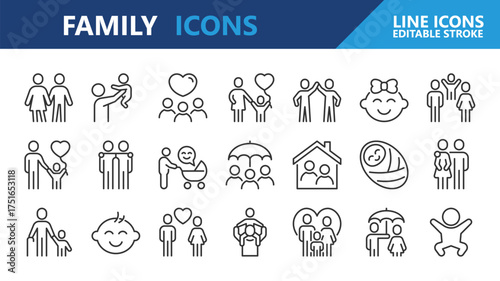 Family icons. Friends and family line icon set. Editable Stroke.