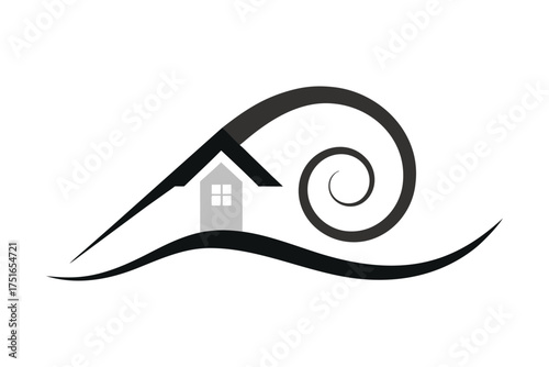 Abstract architectural concept featuring a modern house roof with dynamic swirling particle effects in vibrant colors