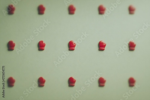 Red figures arranged in grid on muted background create striking visual contrast