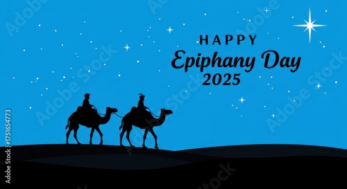 Happy epiphany day 2025 two magi riding camels under starry sky