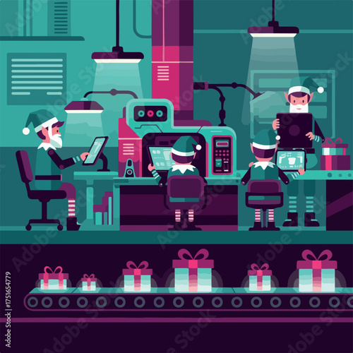Christmas elves working in a modern high tech toy factory.