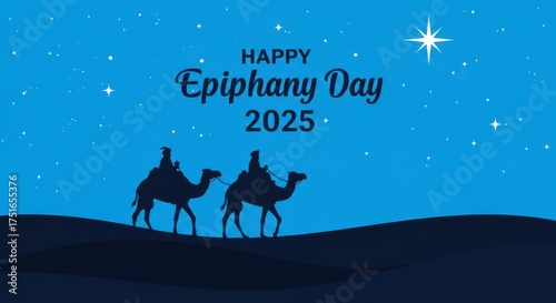 Happy epiphany day 2025 illustration of wise men traveling on camels under a starry sky