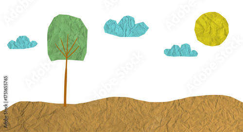 Applique made from cut out crumpled paper. Vector illustration of save environment scenery, featuring a tree, sun and clouds in the sky. This playful design for fun kindergarten school