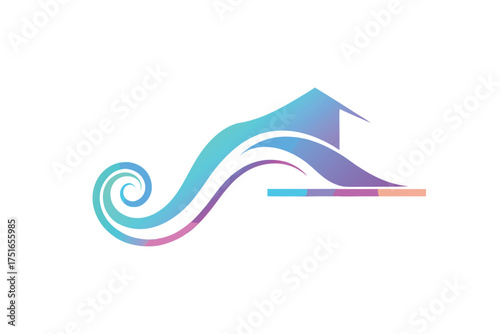 Abstract holographic swirl pattern design with a minimalist house roof element suitable for modern architectural or technology concepts