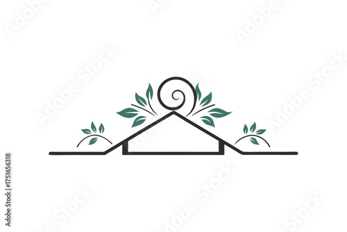 Minimalist house roof design with elegant floral swirl embellishment on a white background perfect for branding and decorative elements
