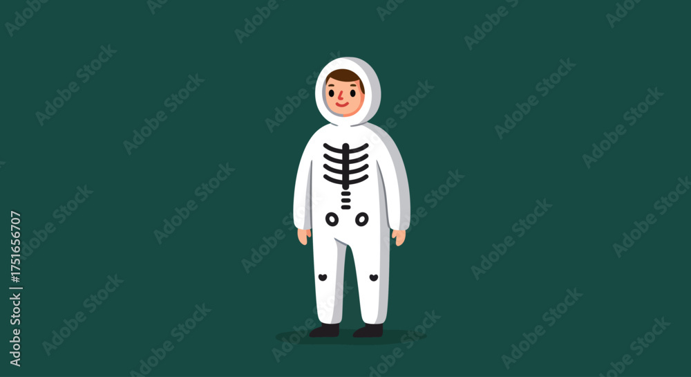 Obraz premium Charming vector illustration of a person in a white skeleton jumpsuit, exuding a playful and festive spirit ideal for Halloween-themed designs, costume party invitations, or seasonal holiday greetings