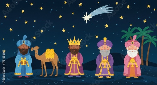 Epiphany day celebration depicting the three wise men and a camel under a starry night sky