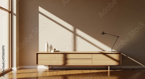 Wooden Credenza with Sunlight and Lamp furniture interior