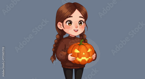 Adorable cartoon girl in a cozy brown sweater happily holding a glowing jack-o'-lantern, ready for Halloween night festivities