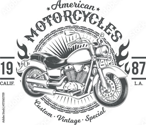 Vintage American Motorcycle Emblem: A classic emblem featuring a detailed vintage motorcycle, symbolizing freedom and the open road. A celebration of timeless design and the thrill of riding.