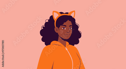 Cartoon Illustration of a Happy Woman Wearing Orange Cat Ears and Hoodie