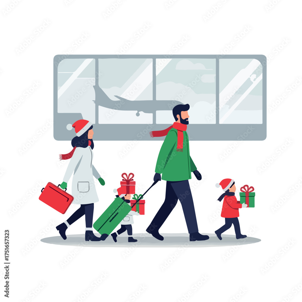 Obraz premium Family with children and luggage traveling for Christmas holidays.