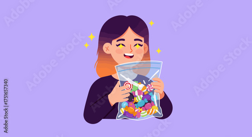 Delighted young woman happily holding a vibrant bag of assorted colorful candies, expressing joy and a sweet tooth in a charming vector illustration