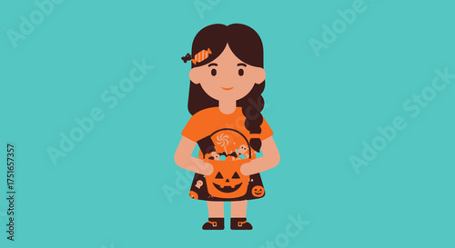 Cute cartoon girl in a pumpkin costume holding a jack-o'-lantern basket full of candy for Halloween trick-or-treating