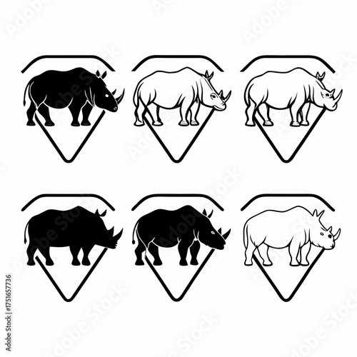 Six rhinoceros in diamond shapes, in black and white, vector illustration