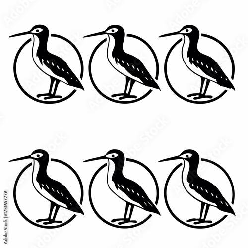 Six black and white stilt bird icons arranged in a grid pattern