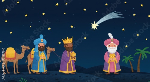 Epiphany day celebration three wise men following the star night scene