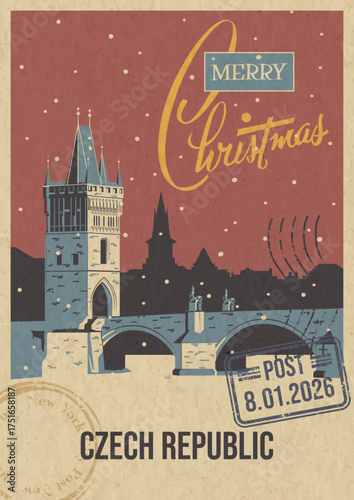 Merry Christmas Czech Republic Attraction Greeting Card, Charles Bridge Prague Illustration, Vector Template Retro Style Postcard. Postal Imprint, Aged Paper Texture, Snow