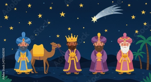 Epiphany day celebration with the three wise men and a comet across a starry night sky