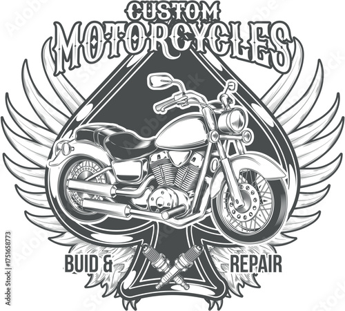 Custom Motorcycles: An eye-catching illustration of a custom motorcycle, built and repaired, set against a backdrop of a stylized ace of spades, wings, and wrench symbols, embodying speed, freedom.