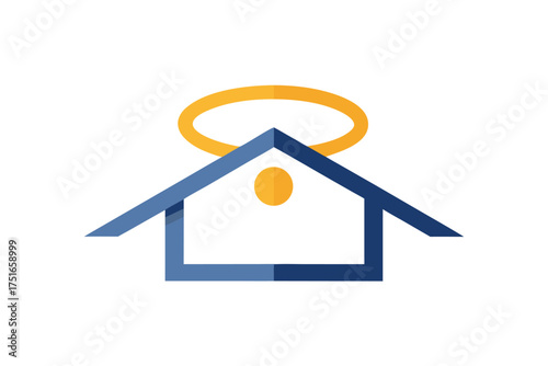 Modern minimalist house with a circular orbit ring above the roof rendered in vector graphics