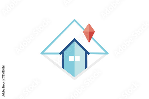 Modern minimalist house with a small crystal orbiting its roof representing innovation and a futuristic dwelling