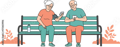 Elderly couple using digital health gadgets to track vital signs while sitting on park bench