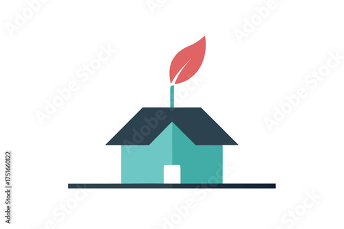 Minimalist house with a single floating petal above the roof representing modern architecture and nature s delicate touch