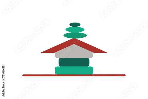 Minimalist house roof with a balanced stack of levitating stones and pebbles