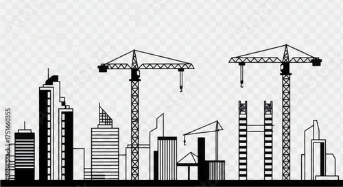 Black and white silhouette of a city skyline under construction with cranes.