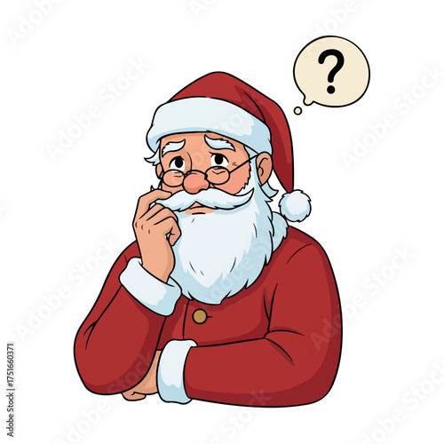 Confused Santa Claus cartoon character thinking with a question mark.