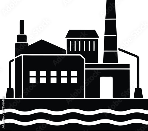 Industrial factory building silhouette icon with smokestack, power plant outline, energy production facility