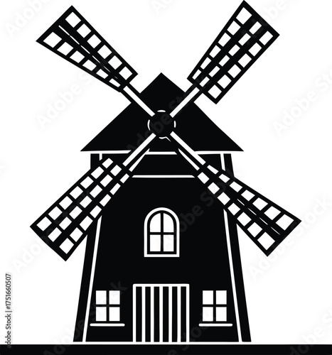 Traditional windmill building silhouette icon with rotating blades, rural agricultural landmark symbol