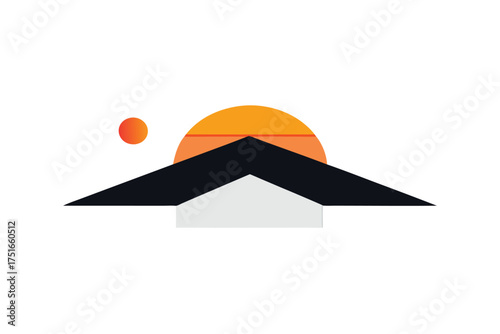 Minimalist house roof silhouette with a bright sun on the horizon clean white background